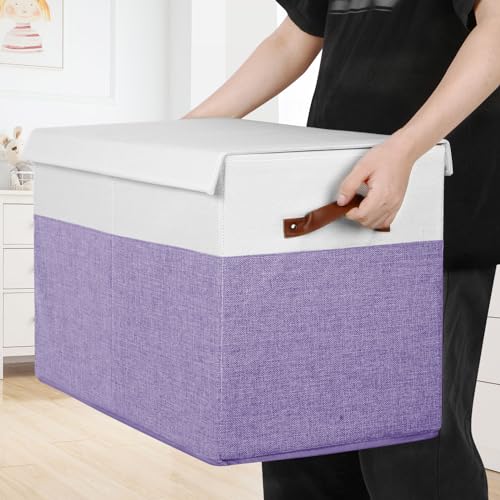 Large Toy Storage Box with Lid and Dividers for Kids, Beige and White X95078