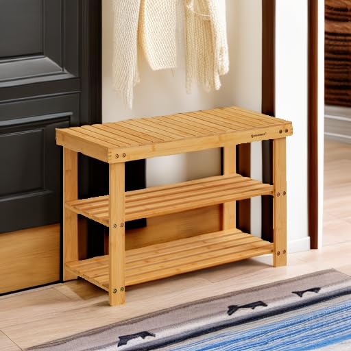 SONGMICS 3-Tier Bamboo Shoe Rack Bench, Entryway Storage, Ink Black X802