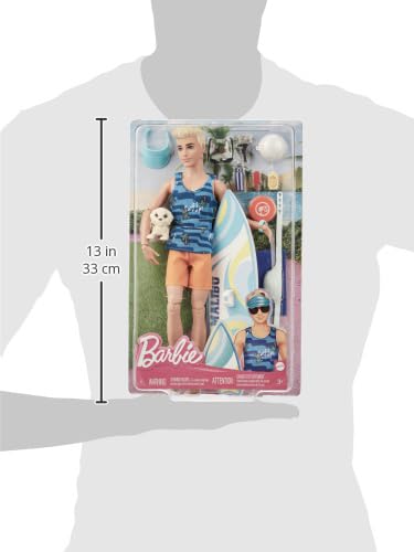 Barbie Ken Doll with Surfboard and Pet Puppy, Poseable Blonde Beach Doll C20925