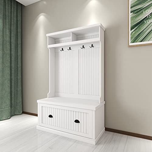 BNSPLY Hall Tree with Bench and Shoe Storage, White Y376