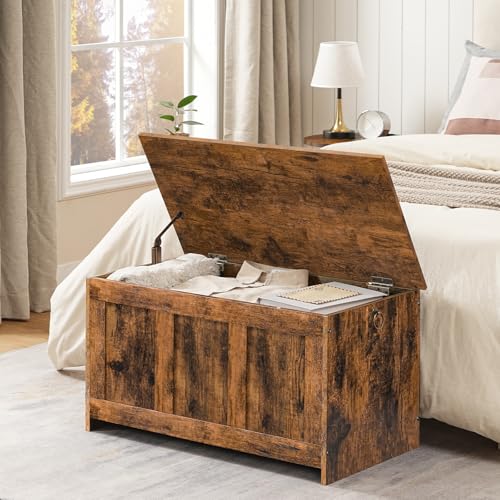 HOOBRO Storage Bench, 39.3" Retro Wooden Chest with Lift Top, White and Walnut C2921