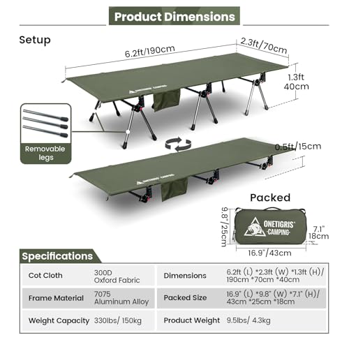 OneTigris SUPRANUBIS Camping Cot, Height Adjustable, Portable Folding Bed R56991