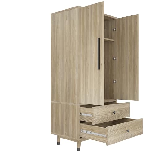 4 Door Armoire Wardrobe with 2 Drawers, Adjustable Shelves and Hanging Rod, Oak U53261