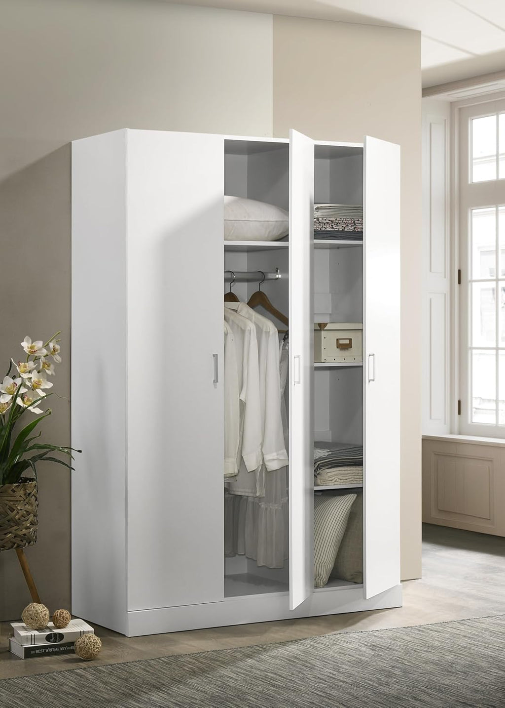 3 Doors Armoire Wardrobe, 71.5" H Bedroom Clothes Cabinet with Storage Shelves and Hanging Rod, Freestanding Wooden Closets Organization, White-4