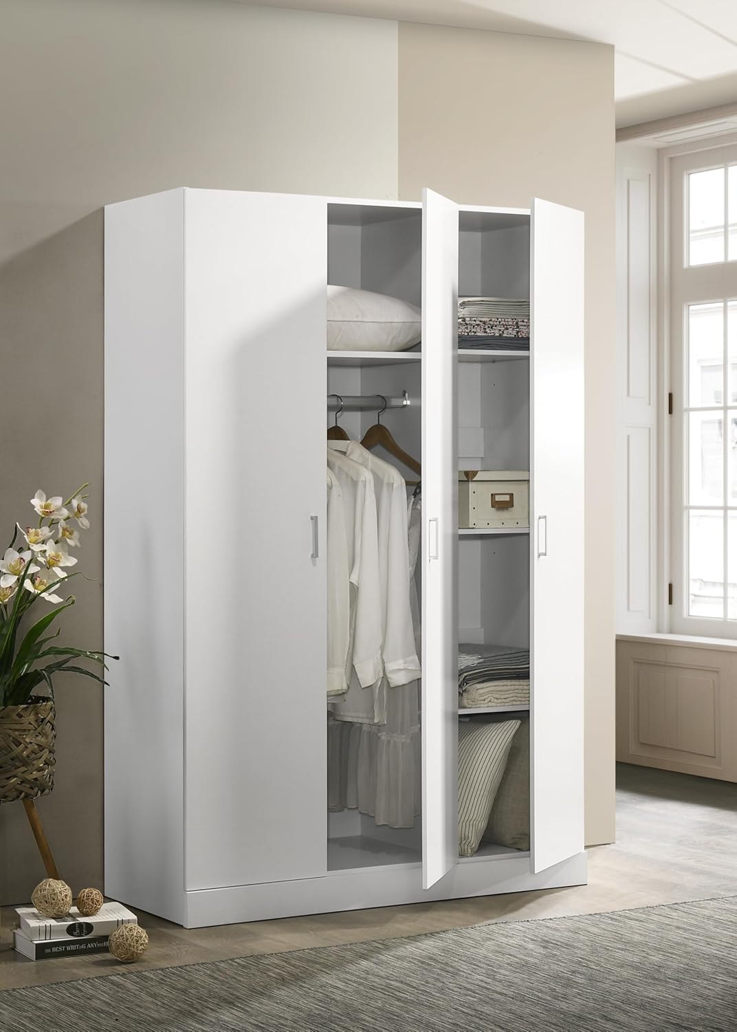 3 Doors Armoire Wardrobe, 71.5" H Bedroom Clothes Cabinet with Storage Shelves and Hanging Rod, Freestanding Wooden Closets Organization, White-4