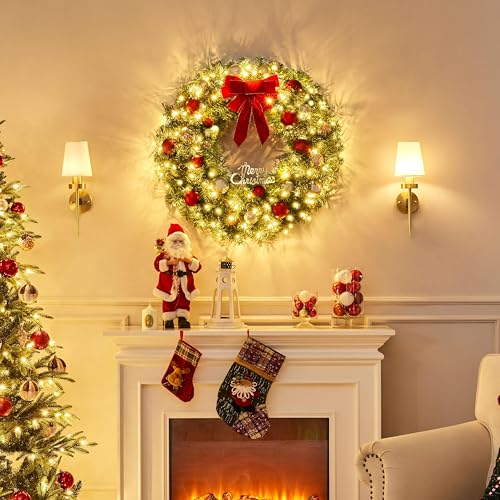 Yaheetech 48in Pre-lit Artificial Christmas Wreath with Red Bow, 200 LED Lights Y257427