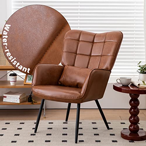 Modern Accent Chair with High Back, Leather Upholstered, Metal Legs - Brown T343