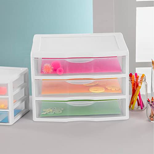Sterilite 3-Pack Wide 3 Drawer Unit, Plastic Desktop Organizer, White Frame X750