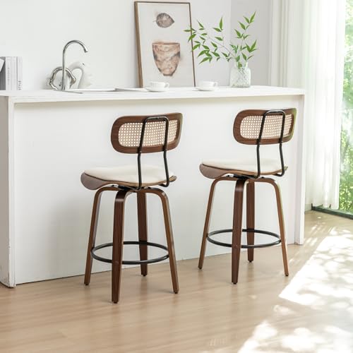 Rattan Bar Stools Set of 2, Counter Height, Swivel with Back, Beige B141