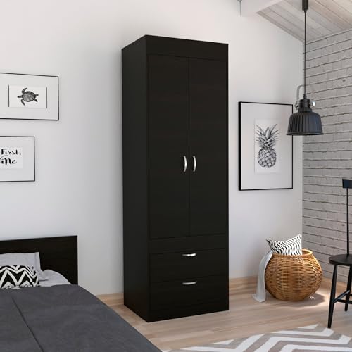 Armoire Wardrobe 2 Doors 1 Drawer with Storage Shelves and Hanging Rod, White F16955