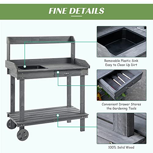Outsunny 36" Wooden Potting Bench Work Table with Sink and Storage, Brown O683