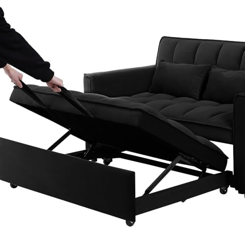 Modern Velvet Convertible Sofa Bed with Adjustable Back and Storage Bag, Blue Double S9157