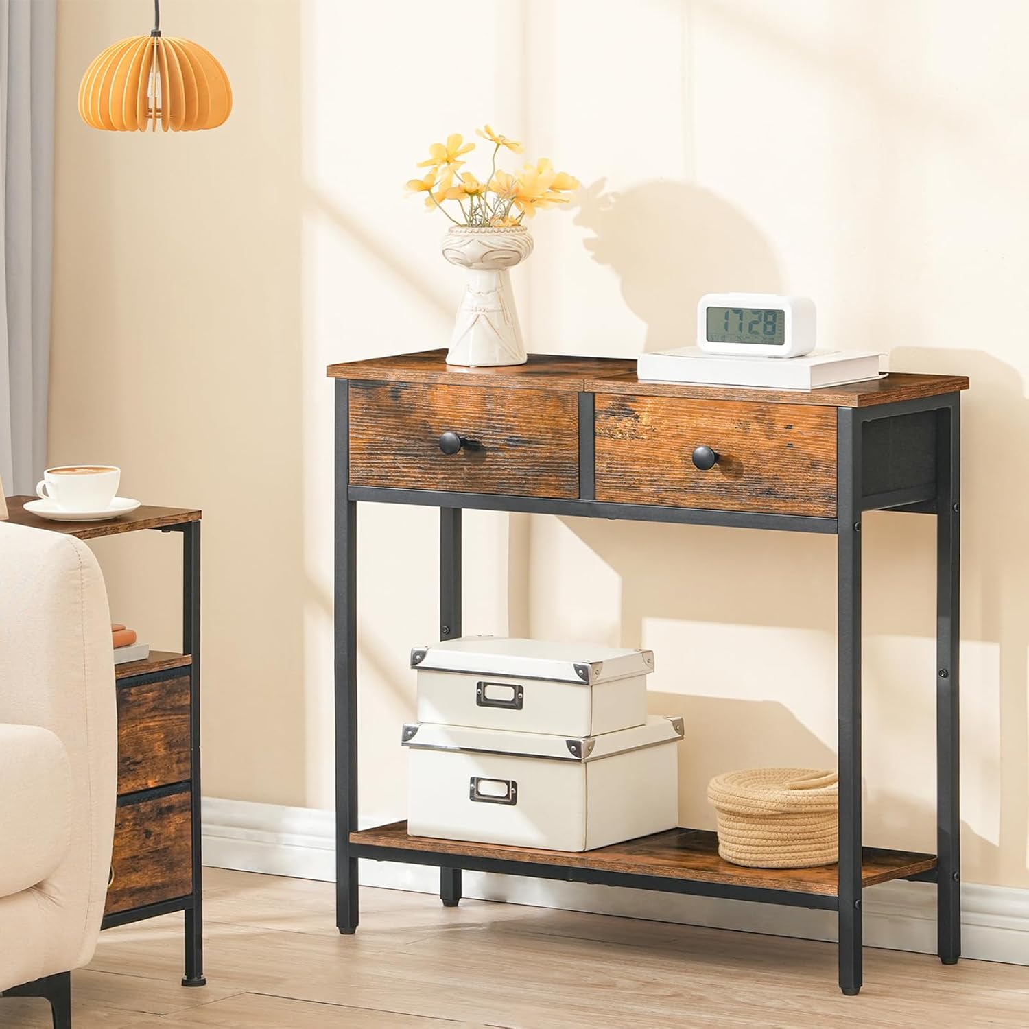 HOOBRO Narrow Console Table with 2 Fabric Drawers, Rustic Brown and Black X947644