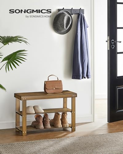 SONGMICS 3-Tier Bamboo Shoe Rack Bench, Entryway Storage, Ink Black X802