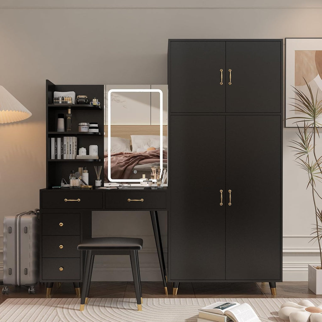 Makeup Vanity Table and Armoire Wardrobe Set with LED Mirror, Black Q6333