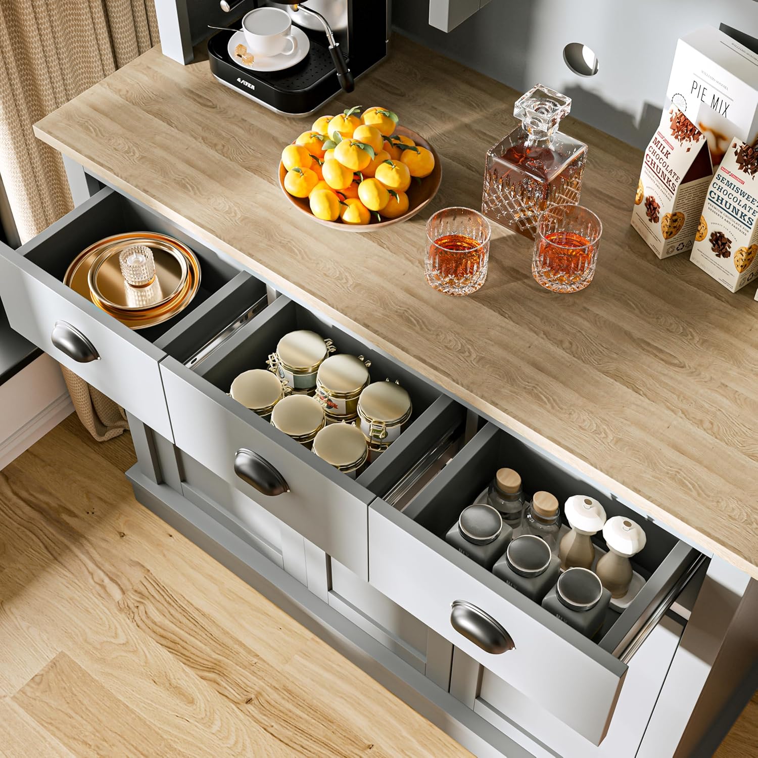 MU 71" Kitchen Hutch Storage Cabinet with Countertop, Grey P72649