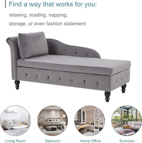 Modern Velvet Chaise Lounge with Left Armrest and Lumbar Pillow, Dark Gray T162