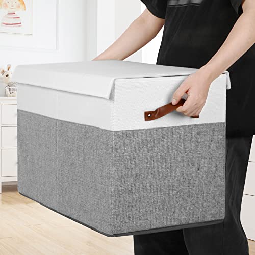 Large Toy Storage Box with Lid and Dividers for Kids, Beige and White X95078