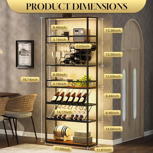 Merax 7-Tier Wine Rack with LED Lights & Glass Holder, Black Gold L47262