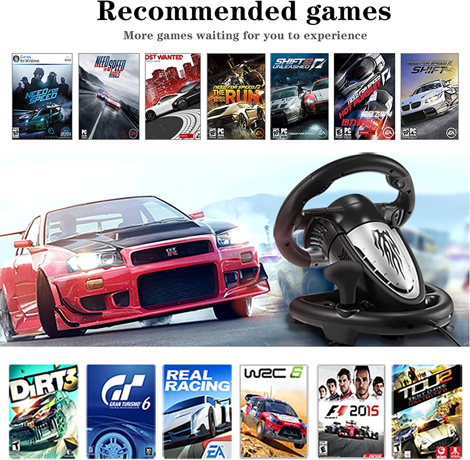 PXN V3II Gaming Steering Wheel with Pedal for PC, PS3, PS4, Xbox One, Xbox Series X/S, N-Switch N852906