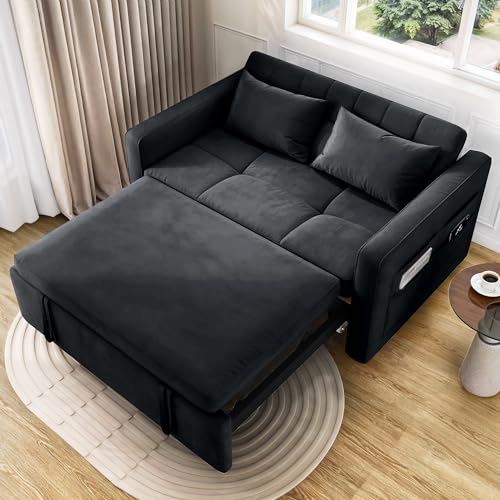 DWVO 55" Futon Couch, 3-in-1 Futon Sleeper with Pull-Out Bed, Convertible Sofa Bed with Adjustable Backrest and Side Pocket, Modern Loveseat Sleeper for Living Room, Grey Velvet, Full Size