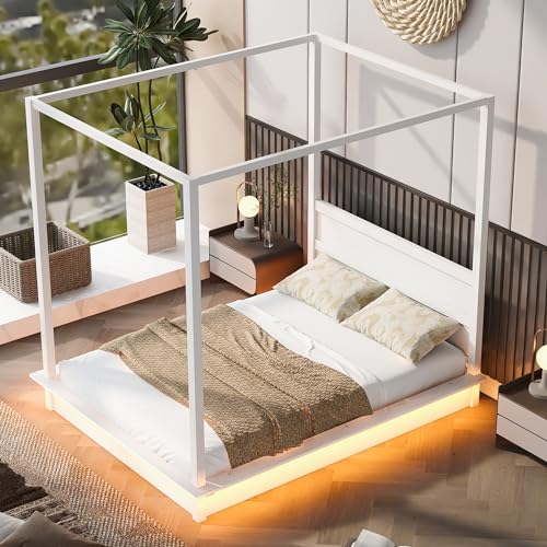 Bellemave Canopy Bed Frame Wood Four Posters Full LED Platform Bed with Headboard X806
