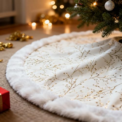 SYITCUN Christmas Tree Skirt, 48inch White and Gold Tree Skirt, Faux Fur Xmas Tree Skirt for 4 5 6 7 8 9 Ft Christmas Trees, Thicker Plush Christmas Tree Decorations