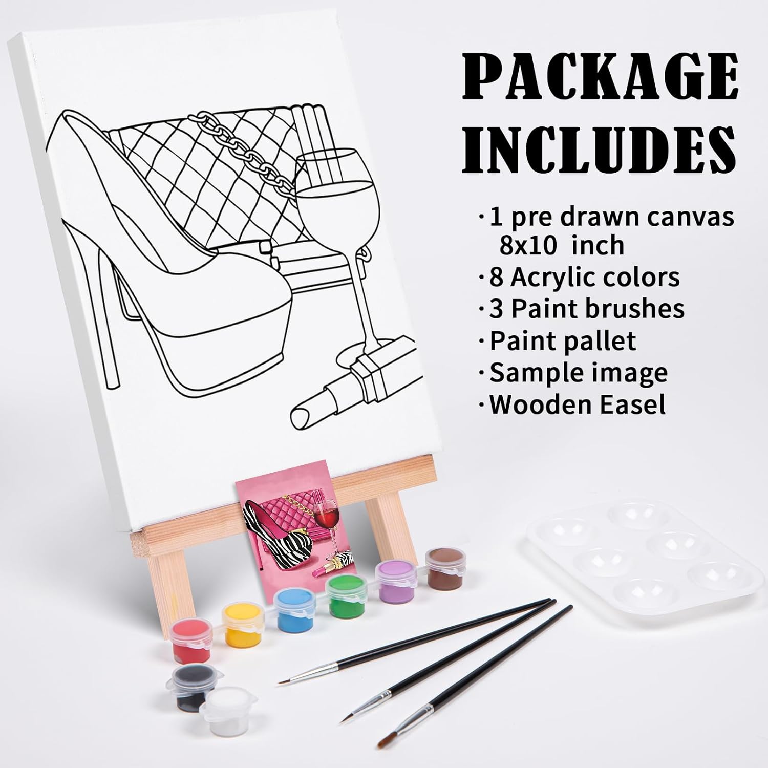 VOCHIC Paint and Sip Kit, Pre Drawn Canvas for Adults with Easel, 8 Acrylic Colors J9363