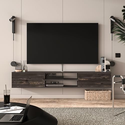 Atelier Mobili Floating TV Stand for 75 inch TV, Wall Mounted, Black Oak D599620