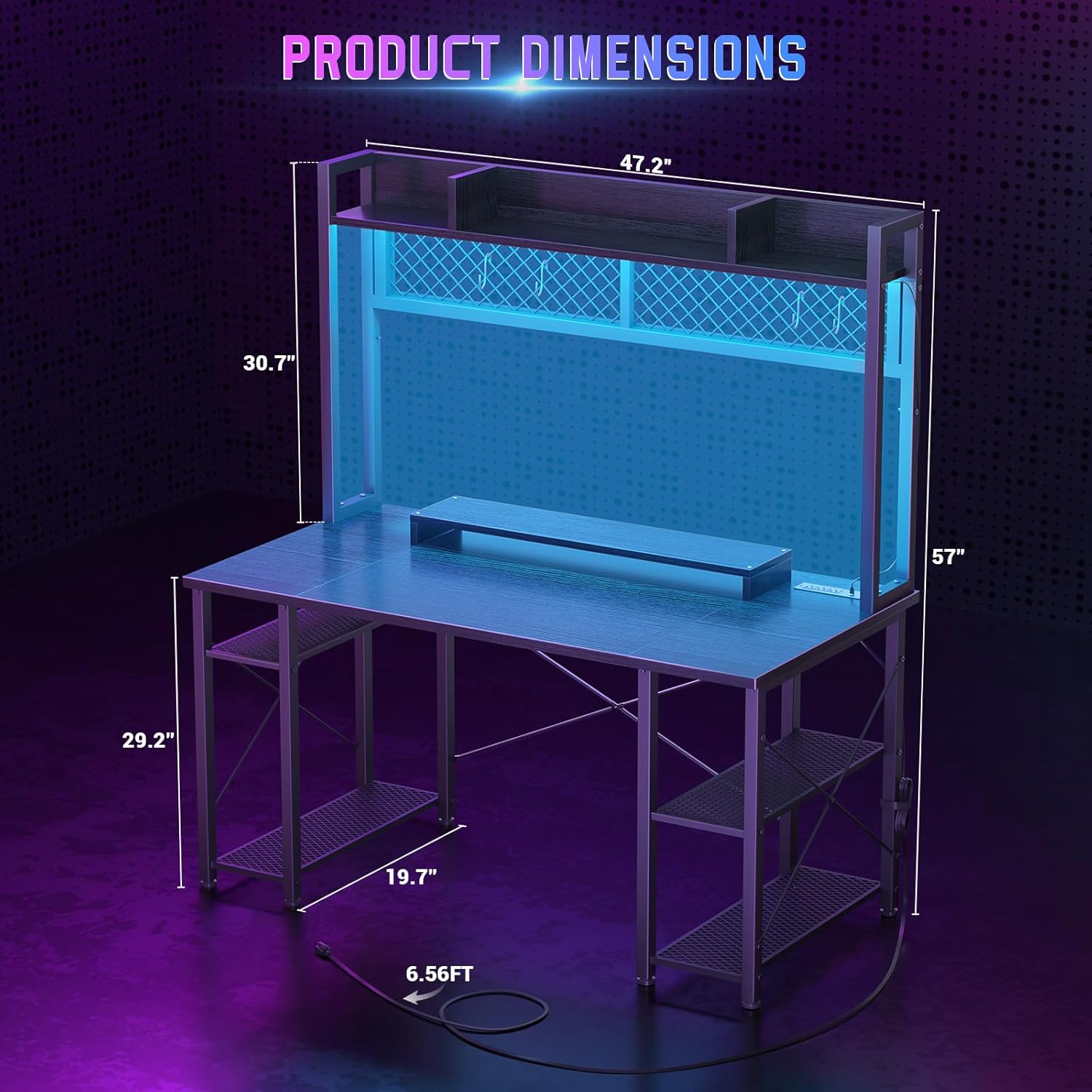 Gaming Desk with Hutch 47 Inch Computer Desk with LED Lights and Power Outlet, Black T635