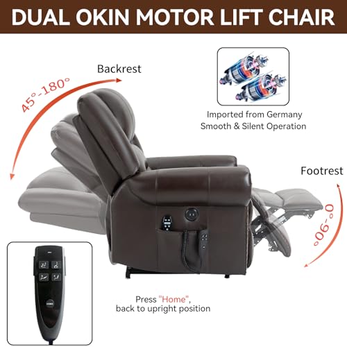 Dual Motor Power Lift Recliner Chair with Massage and Heat, Faux Leather, Brown V8458