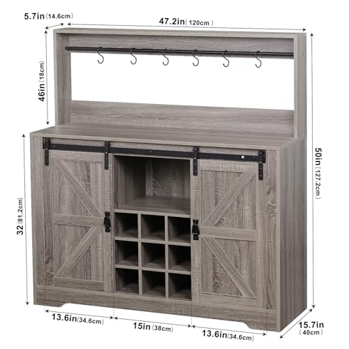 Coffee Bar Cabinet with Storage, Farmhouse Buffet Sideboard, Grey P7089