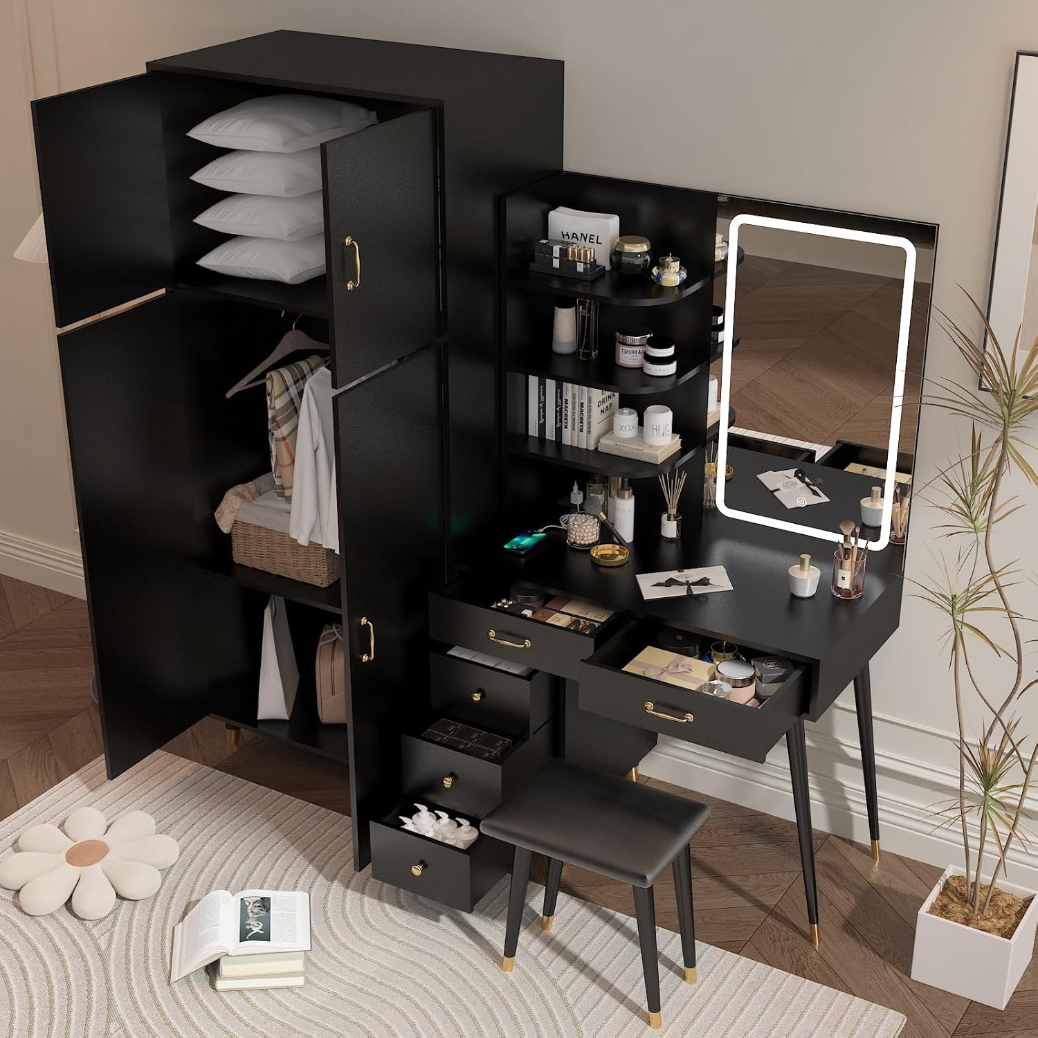 Makeup Vanity Table and Armoire Wardrobe Set with LED Mirror, Black Q6333