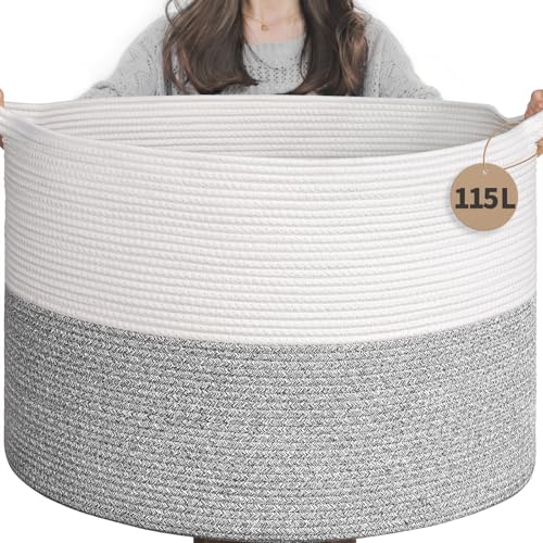 INDRESSME Large Cotton Rope Storage Basket with Handles, 90L Grey R37552