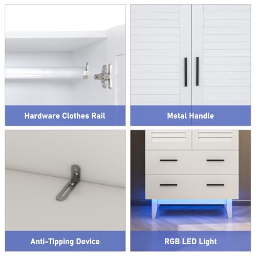 3 Door Armoire Wardrobe with Drawers and LED Lights, White S39322