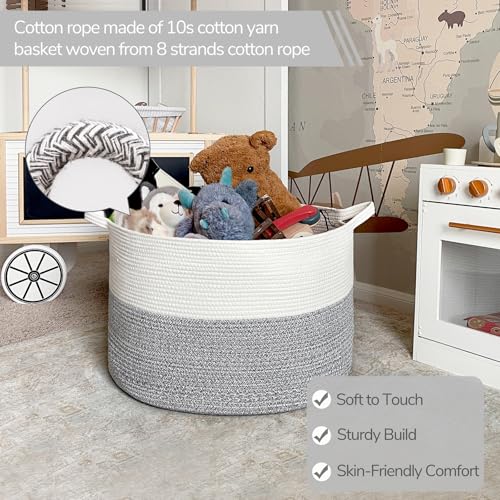 INDRESSME Large Cotton Rope Storage Basket with Handles, 90L Grey R37552