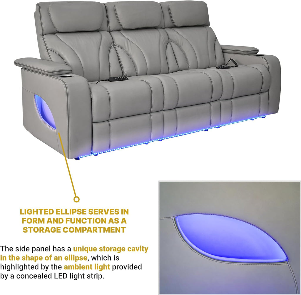 Armen Living Octavia Power Reclining Heated Massage Sofa, 86" Wide, Silver and Gray Leather M65396