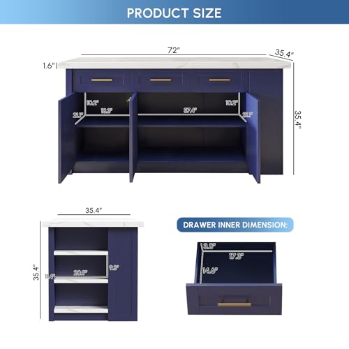 homary 72" Kitchen Island with Storage, White Dining Table with Seating & 3 Drawers H6352