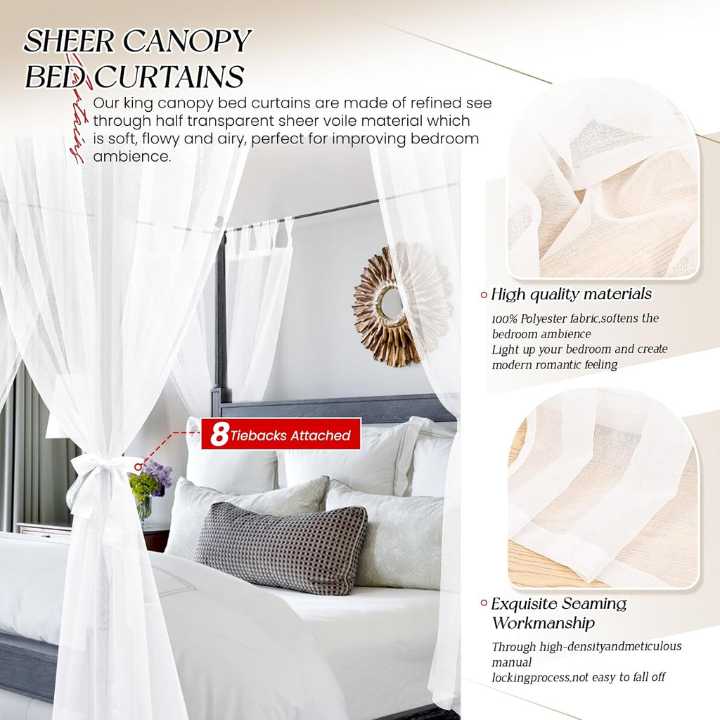 White Canopy Bed Curtains for King Queen Full Twin Bed Frame with Velcro A94372