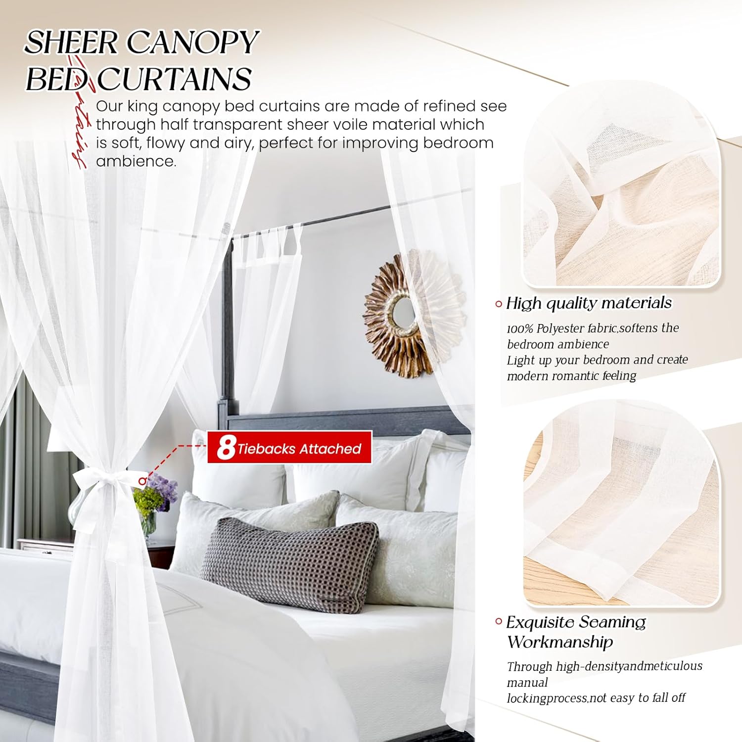 White Canopy Bed Curtains for King Queen Full Twin Bed Frame with Velcro A94372