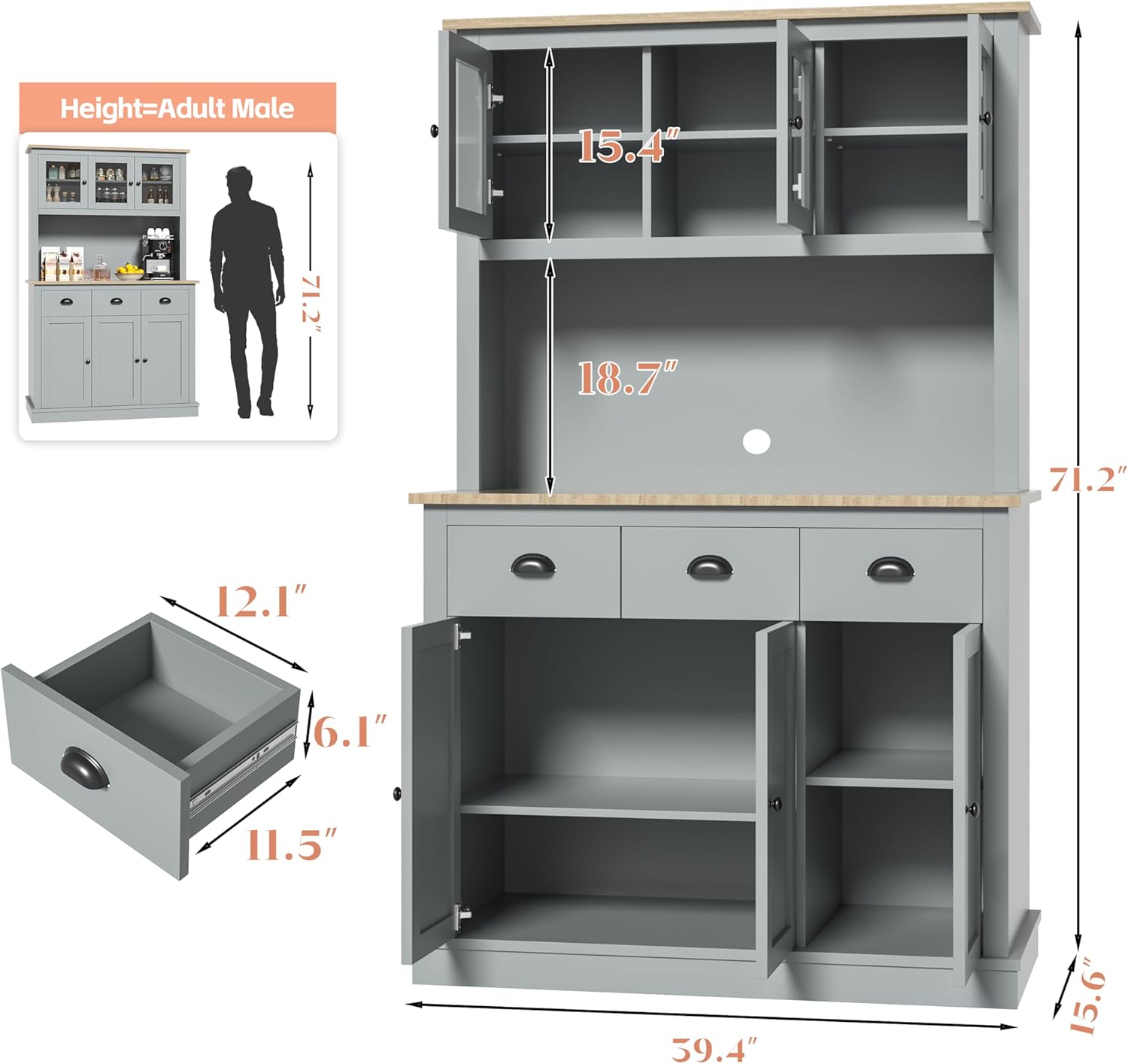 MU 71" Kitchen Hutch Storage Cabinet with Countertop, Grey P72649