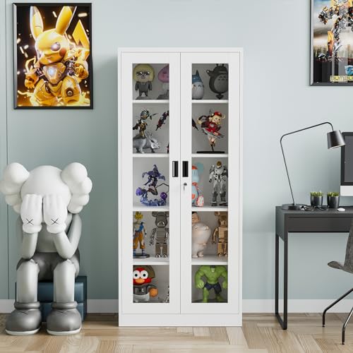 Metal Storage Cabinet with Doors and Shelves, 71" Locking Steel, White L799