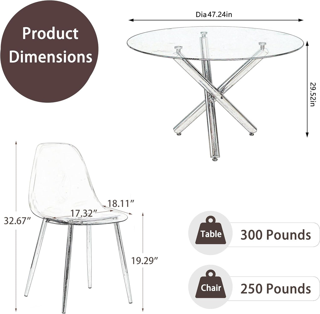 Baysitone Gold Round Glass Dining Table Set for 6 with Clear Acrylic Chairs W1878