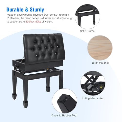Adjustable Height Piano Bench with Storage, PU Leather Cushion, Brown X33267