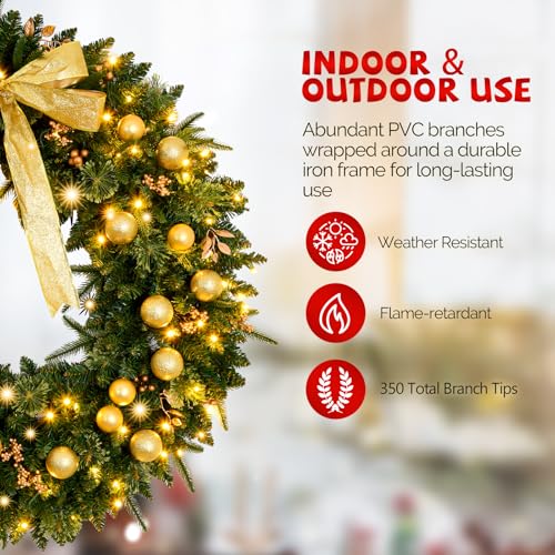 VINGLI 48 Inch Pre-lit Artificial Christmas Wreath with 150 LED Lights T885