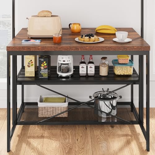 Kitchen Island with Storage, Bakers Rack with Power Outlet, 3 Tier Microwave Stand, Coffee Bar Table I24443