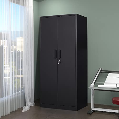 Metal Storage Cabinet with Doors and Shelves, 71" Locking Steel, White L799