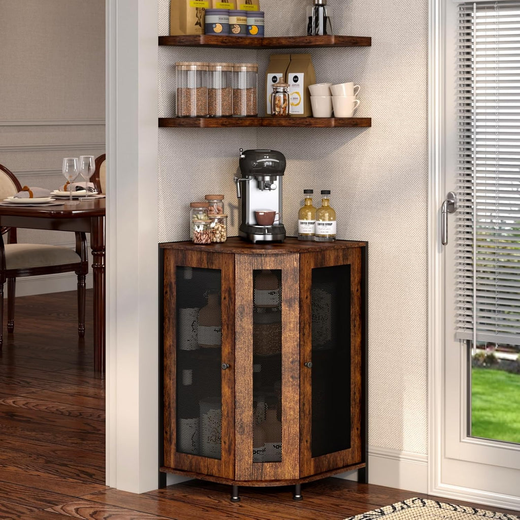 keomaisyto 3-Tier Corner Coffee Cabinet with Storage Shelf, Rustic Wood T23526