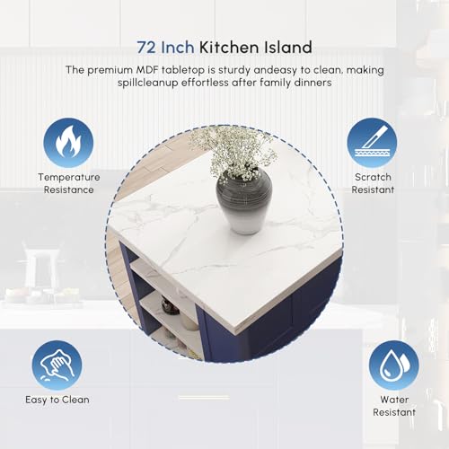 homary 72" Kitchen Island with Storage, White Dining Table with Seating & 3 Drawers H6352