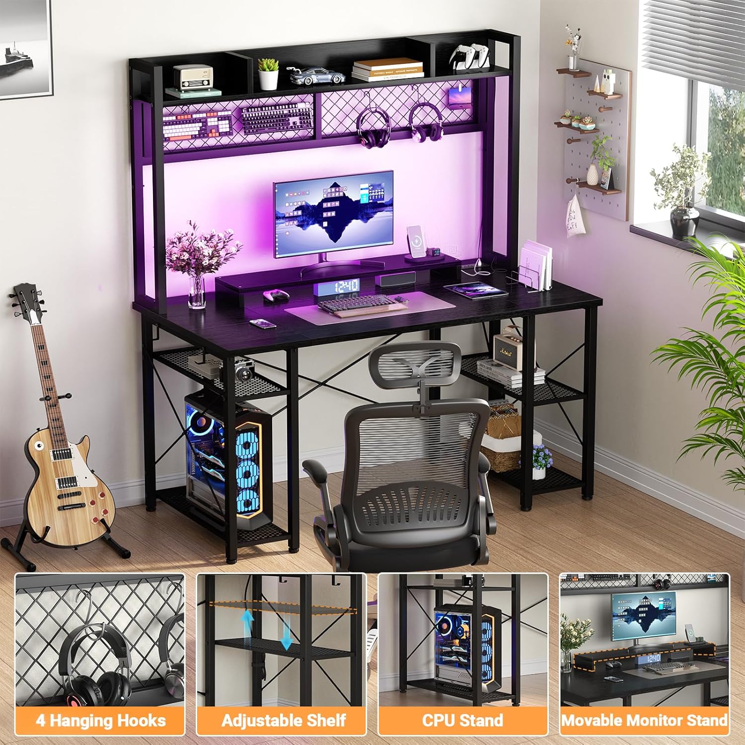 Gaming Desk with Hutch 47 Inch Computer Desk with LED Lights and Power Outlet, Black T635